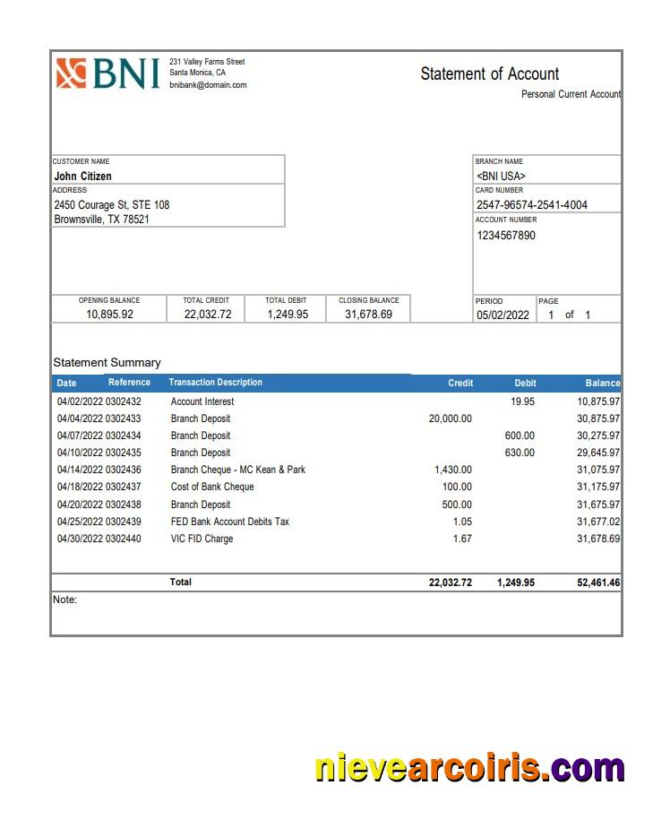USA Texas BNI bank account statement
